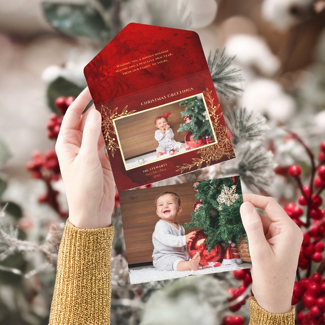 Elegant Gold Line Drawn Christmas Botanical Photo All In One Invitation (Creator Uploaded)