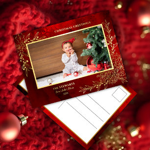 Elegant Gold Line Drawn Christmas Botanical Photo Foil Holiday Postcard