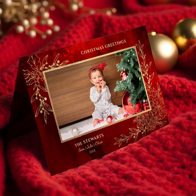 Elegant Gold Line Drawn Christmas Botanical Photo Holiday Card (Creator Uploaded)