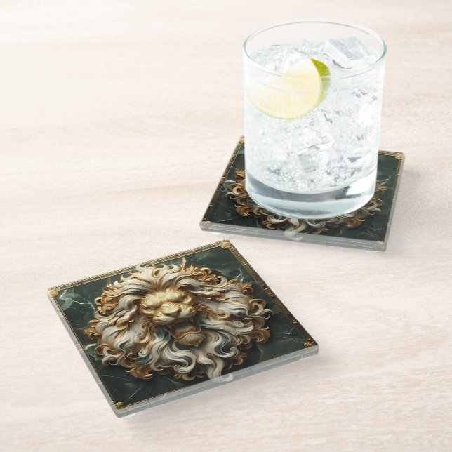 Elegant Gold Lion with Royal Features Glass Coaster (Angled)