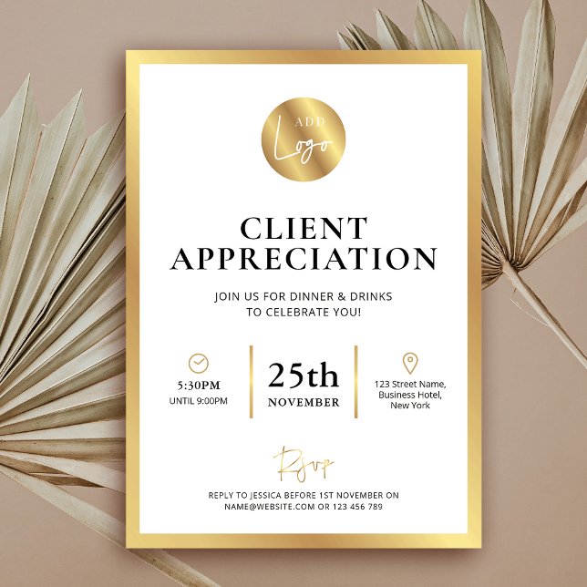 Elegant Gold Logo Client Appreciation Day Business Invitation (Elegant white and faux gold business client or donor appreciation event invitation design )