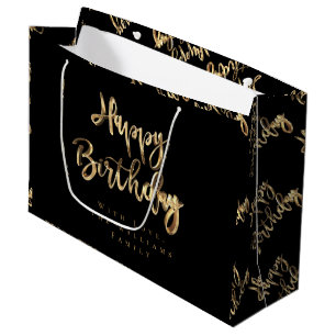 Elegant Gold Look Happy Birthday Black Large Gift Bag