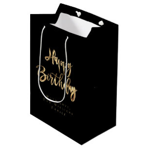 Elegant Gold Look Happy Birthday Black Medium Gift Bag