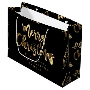 Elegant Gold Look Script Black Merry Christmas Large Gift Bag