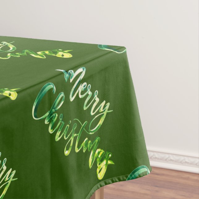 Elegant Gold Look Script Merry Christmas Green Tablecloth (In Situ)