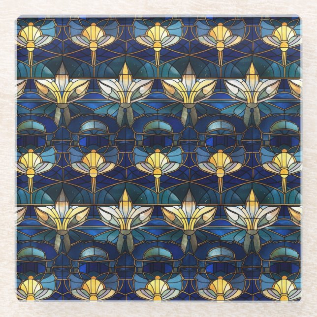 Elegant Gold Lotus Faux Stained Glass Pattern Coaster (Front)