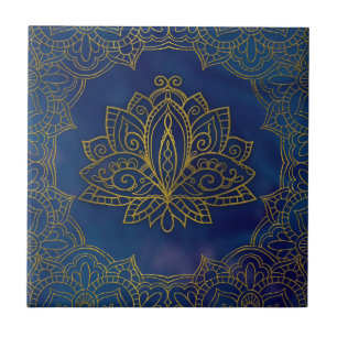 Elegant Gold Lotus flower on blue Ceramic Tile