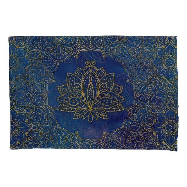 Elegant  Gold Lotus flower on blue Pillowcase (Front)