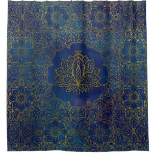Elegant Gold Lotus flower on blue Shower Curtain
