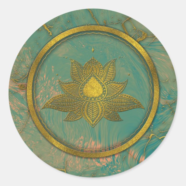 Elegant  Gold Lotus flower on marble Classic Round Sticker (Front)