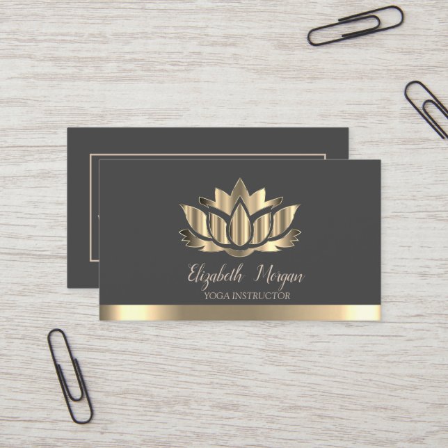 Elegant Gold Lotus Gold Stripe Yoga Instructor  Business Card (Front/Back In Situ)