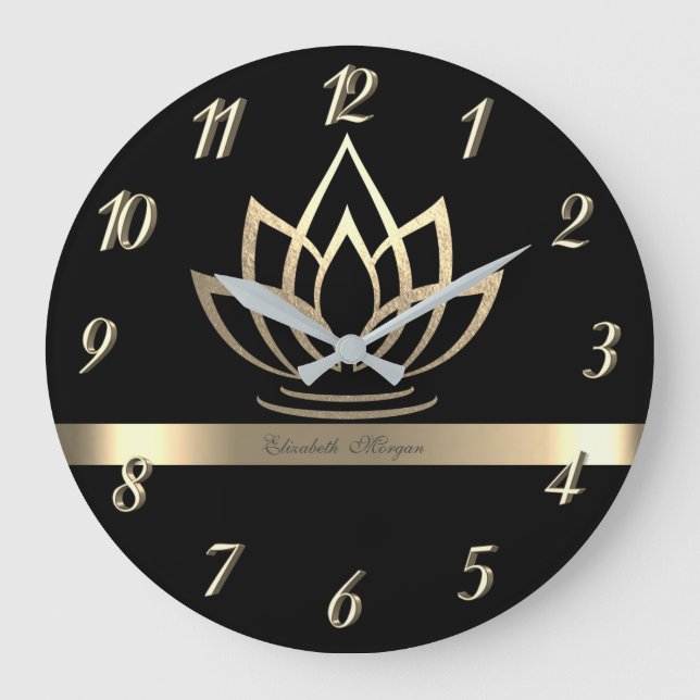 Elegant Gold Lotus, Yoga Black Large Clock (Front)