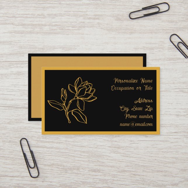 Elegant Gold Magnolia Flower Black BG Chic Business Card (Front/Back In Situ)