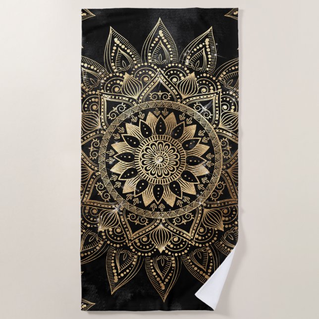 Elegant Gold Mandala Black Design Beach Towel (Front)