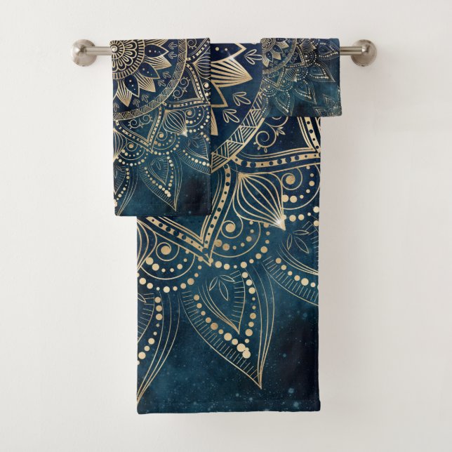 Elegant Gold Mandala Blue Galaxy Bath Towel Set (Insitu)