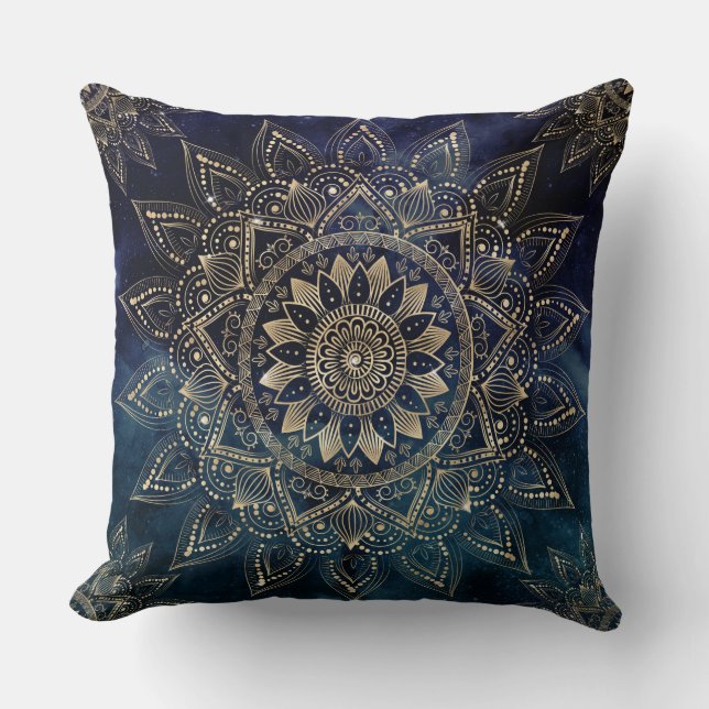 Elegant Gold Mandala Blue Galaxy Cushion (Front)
