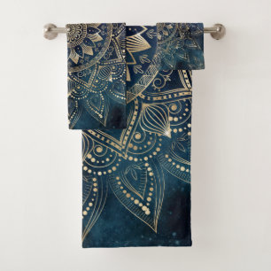Elegant Gold Mandala Blue Galaxy Design Bath Towel Set
