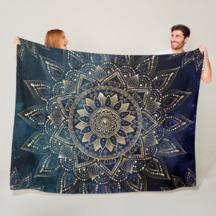 Elegant Gold Mandala Blue Galaxy Design Fleece Blanket