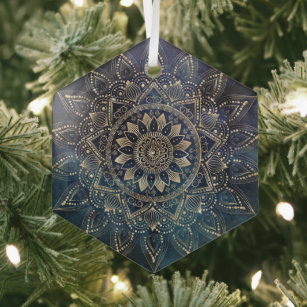 Elegant Gold Mandala Blue Galaxy Design Glass Tree Decoration