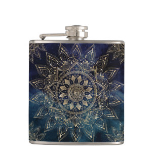 Elegant Gold Mandala Blue Galaxy Design Hip Flask
