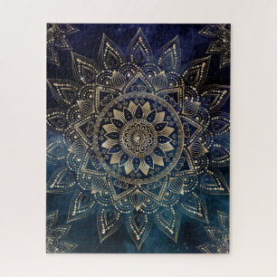 Elegant Gold Mandala Blue Galaxy Design Jigsaw Puzzle