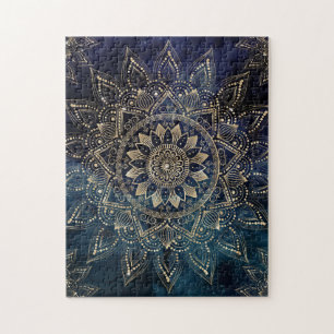 Elegant Gold Mandala Blue Galaxy Design Jigsaw Puzzle