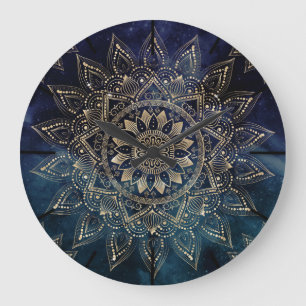 Elegant Gold Mandala Blue Galaxy Design Large Clock
