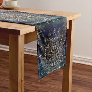 Elegant Gold Mandala Blue Galaxy Design Short Table Runner
