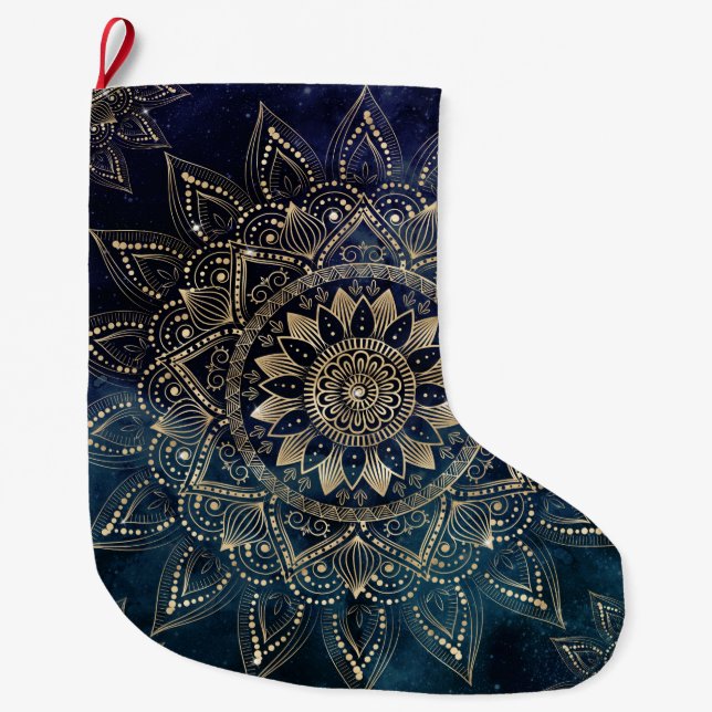 Elegant Gold Mandala Blue Galaxy Large Christmas Stocking (Front)
