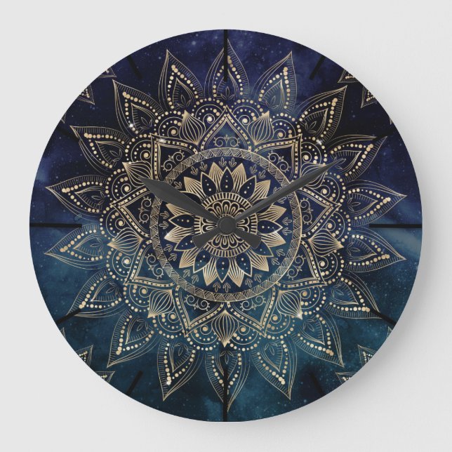 Elegant Gold Mandala Blue Galaxy Large Clock (Front)