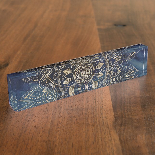 Elegant Gold Mandala Blue Galaxy Nameplate (Side)