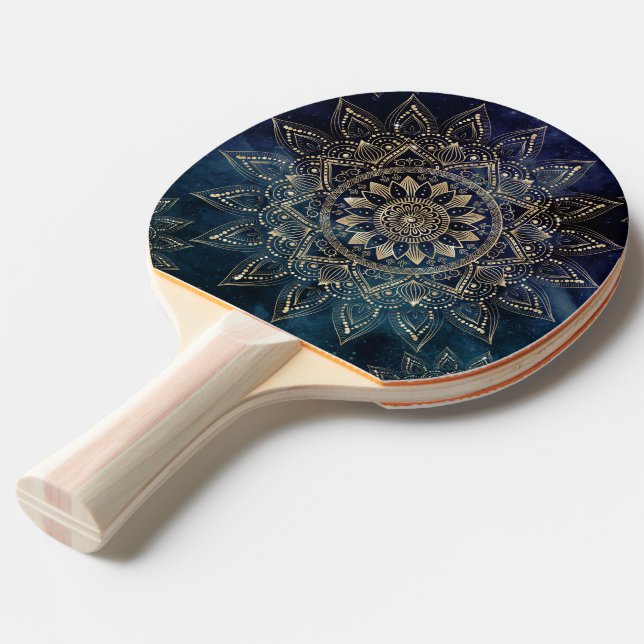Elegant Gold Mandala Blue Galaxy Ping Pong Paddle (Front Angle)