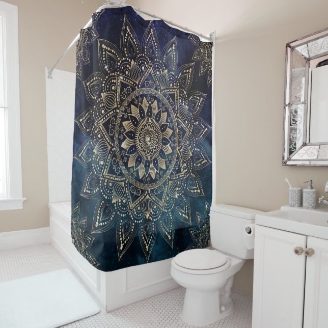 Elegant Gold Mandala Blue Galaxy Shower Curtain (In Situ)