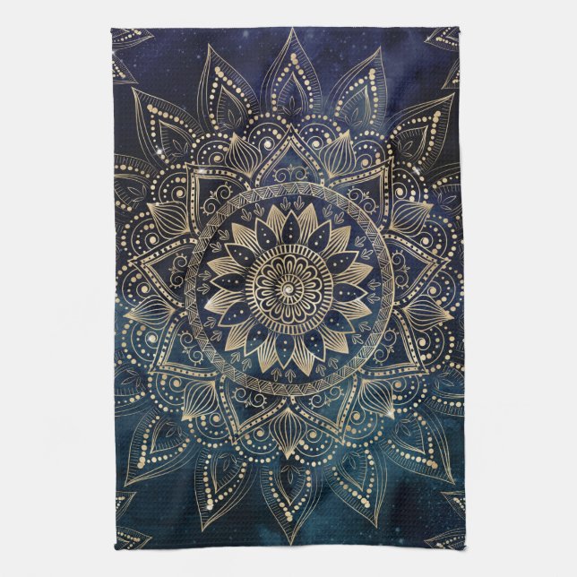 Elegant Gold Mandala Blue Galaxy Tea Towel (Vertical)
