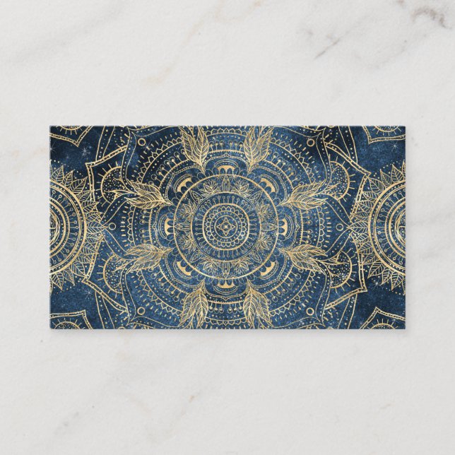 Elegant Gold Mandala Blue Whimsy Design Business Card (Front)