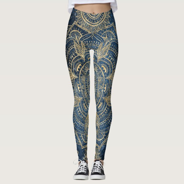 Elegant Gold Mandala Blue Whimsy Design Leggings (Front)