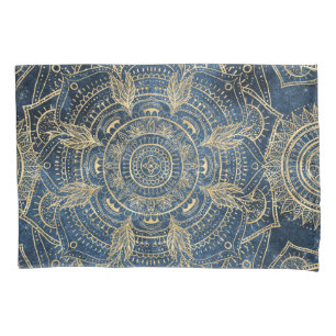Elegant Gold Mandala Blue Whimsy Design Pillowcase