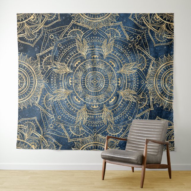 Elegant Gold Mandala Blue Whimsy Design Tapestry (In Situ (Horizontal))