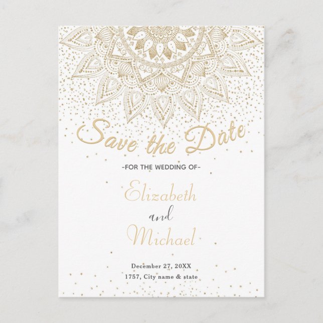 Elegant Gold Mandala Confetti Design Announcement Postcard (Front)