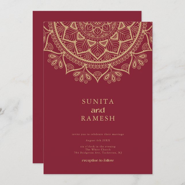 Elegant Gold Mandala Dark Red Indian Wedding Invitation (Front/Back)