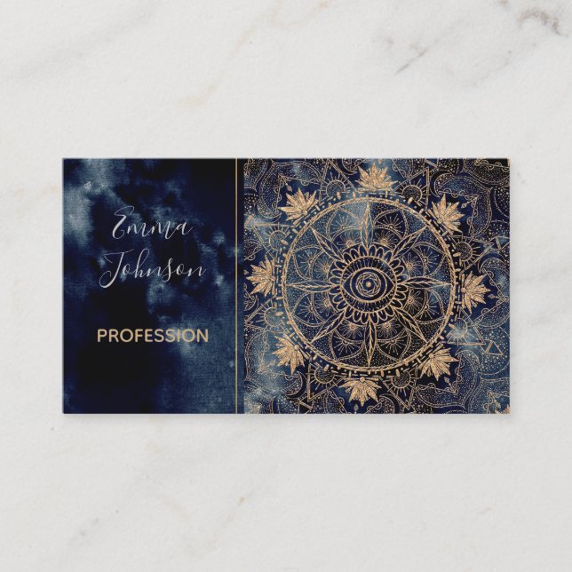 Elegant Gold Mandala Eye Sun Moon Navy Blue Business Card (Front)
