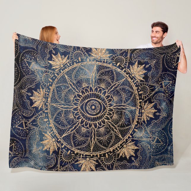 Elegant Gold Mandala Eye Sun Moon Navy Blue Fleece Blanket (In Situ)