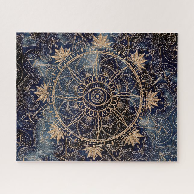 Elegant Gold Mandala Eye Sun Moon Navy Blue Jigsaw Puzzle (Horizontal)