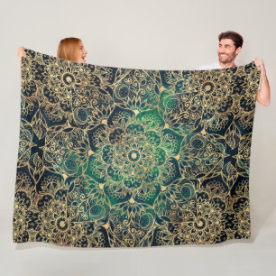 Elegant Gold Mandala Floral Green Blue Fleece Blanket
