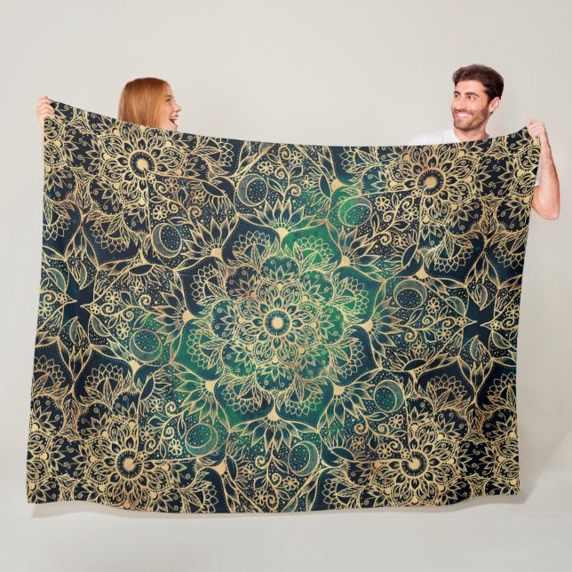 Elegant Gold Mandala Floral Green Blue Fleece Blanket (In Situ)