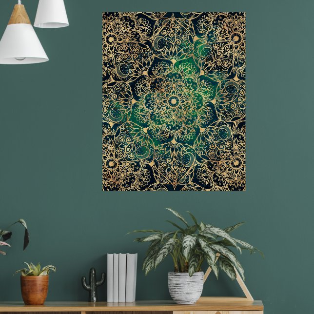 Elegant Gold Mandala Floral Green Blue Poster (Living Room 1)