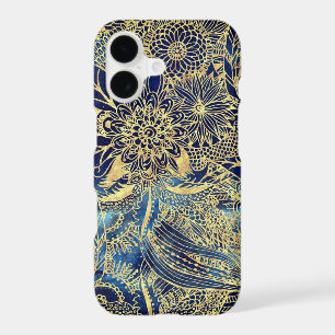 Elegant Gold Mandala Flowers Blue Nebula
