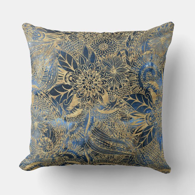 Elegant Gold Mandala Flowers Blue Nebula Cushion (Front)