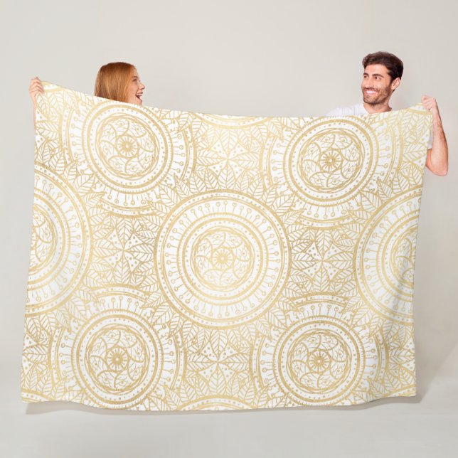 Elegant Gold Mandala Sunflower White Pattern Fleece Blanket (In Situ)