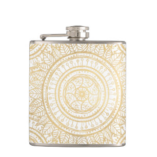 Elegant Gold Mandala Sunflower White Pattern Hip Flask
